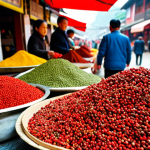 **A vibrant, colorful food market scene in Sichuan, China. Focus on a vendor stall overflowing with fresh Sichuan peppercorns, chili peppers, and other local spices. In the background, blurred figures of people are bustling through the market.** (This image captures the history and fundamental ingredients of Sichuan cuisine, as well as the importance of knowing your ingredients)