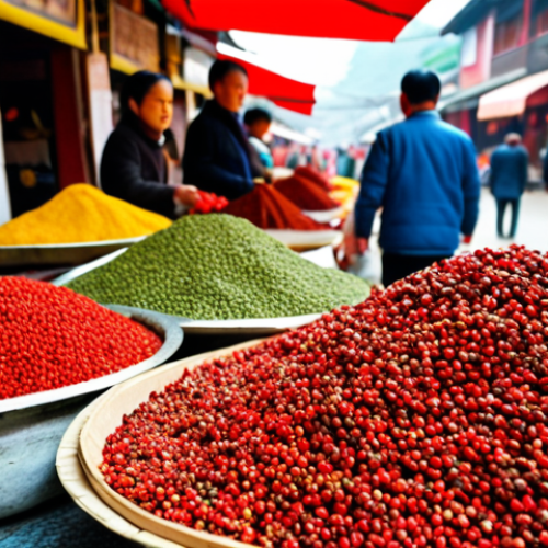 Home 4 **A vibrant, colorful food market scene in Sichuan, China. Focus on a vendor stall overflowing with fresh Sichuan peppercorns, chili peppers, and other local spices. In the background, blurred figures of people are bustling through the market.** (This image captures the history and fundamental ingredients of Sichuan cuisine, as well as the importance of knowing your ingredients)
