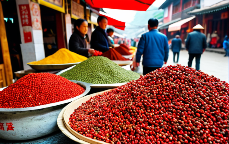 **A vibrant, colorful food market scene in Sichuan, China. Focus on a vendor stall overflowing with fresh Sichuan peppercorns, chili peppers, and other local spices. In the background, blurred figures of people are bustling through the market.** (This image captures the history and fundamental ingredients of Sichuan cuisine, as well as the importance of knowing your ingredients)
