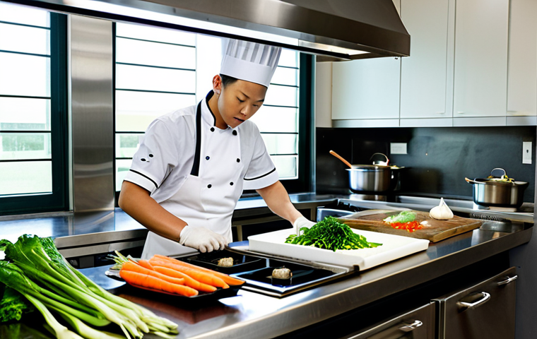 **

"A student, fully clothed in chef's whites and apron, stands at a stainless steel kitchen workstation. They are surrounded by fresh vegetables like carrots, scallions, and bok choy, ready to be prepped. A shiny wok hangs nearby. Light streams through a large window, illuminating the professional kitchen setting. Perfect anatomy, natural pose, safe for work, appropriate content, professional, family-friendly, high quality."

**