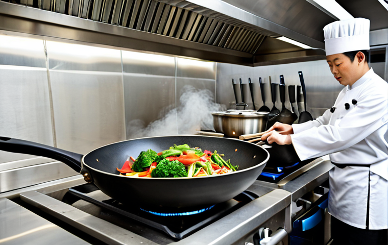 Wok Hei Mastery**

A professional chef in a clean, modern kitchen, demonstrating the "Wok Hei" technique with a wok and fresh vegetables. The chef is fully clothed in a chef's uniform, with appropriate attire. The environment includes stainless steel counters and professional cooking equipment.  Emphasis on the dynamic movement of stir-frying. safe for work, perfect anatomy, correct proportions, natural pose, professional photography, high quality, fully clothed, family-friendly.

**