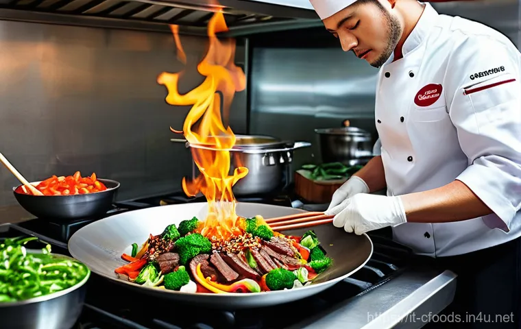 중식조리 자격증 필기 출제 패턴 - **Prompt for Ingredients and Preparation:**
    "A close-up, high-angle shot showcasing a skilled ch...