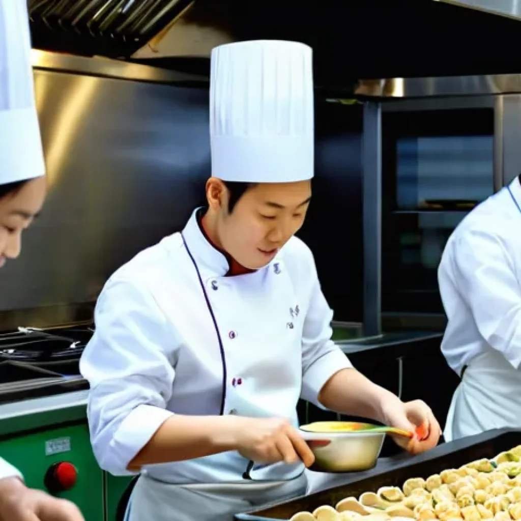 중식조리 자격증 관련 국비지원 과정 - A group of diverse culinary students, dressed in clean, professional chef uniforms with long sleeves...