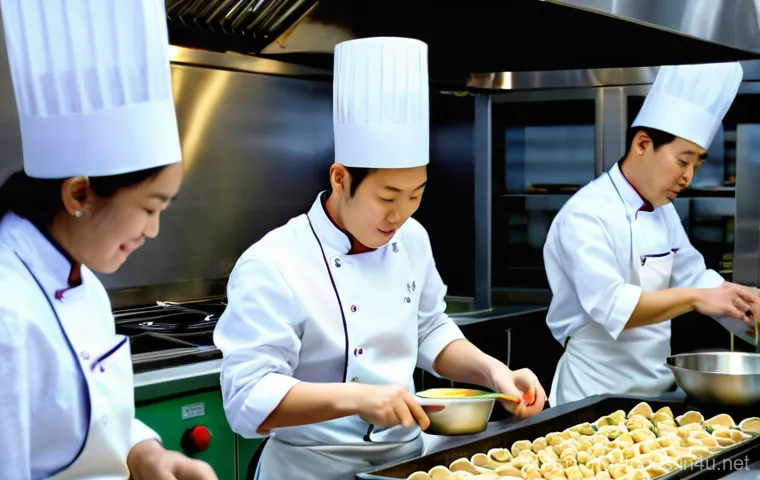 중식조리 자격증 관련 국비지원 과정 - A group of diverse culinary students, dressed in clean, professional chef uniforms with long sleeves...