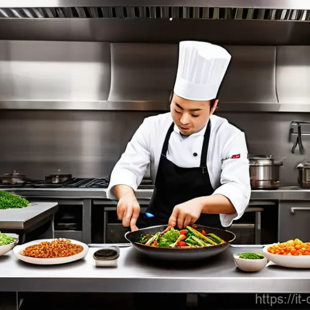 중식조리 자격증 필기 기초 강좌 - **A highly skilled Italian chef, focused and energetic, masterfully stir-frying vibrant, fresh veget...