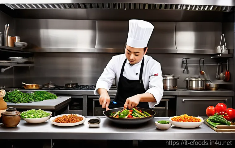 중식조리 자격증 필기 기초 강좌 - **A highly skilled Italian chef, focused and energetic, masterfully stir-frying vibrant, fresh veget...