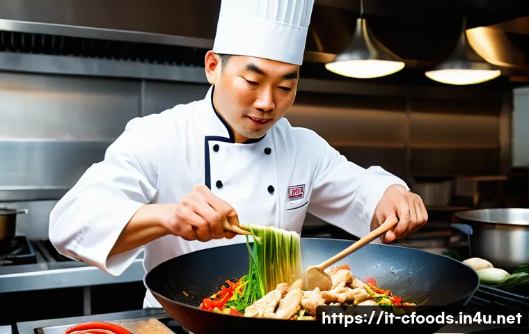 중식조리 자격증 필수 요리 목록 - A skilled male chef, wearing a clean, traditional chef's jacket, expertly stir-frying vibrant ingred...