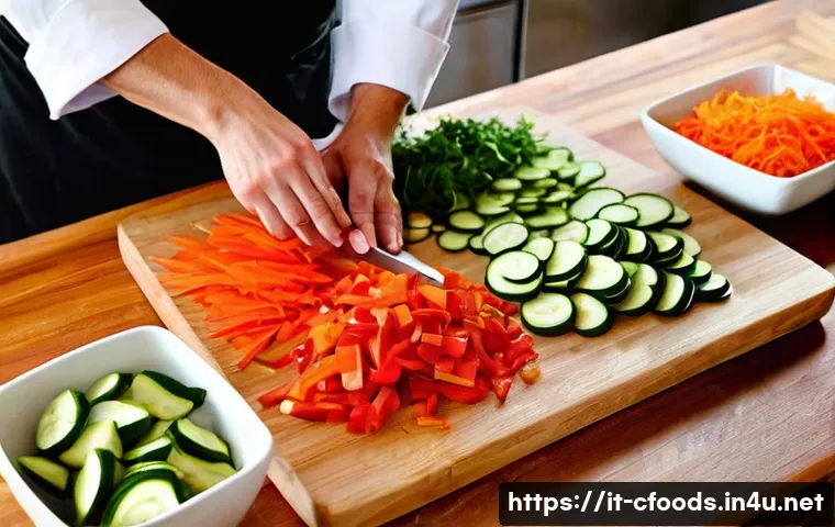 중식조리 자격증 실기 주의사항 - **Precision in the Kitchen: The Art of Mise en Place**
    A close-up, high-angle shot of a chef's h...