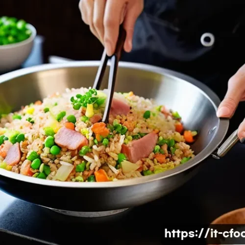 중식조리 자격증 실기 레시피 - A professional Chinese kitchen scene showcasing a chef expertly stir-frying Cantonese fried rice in ...