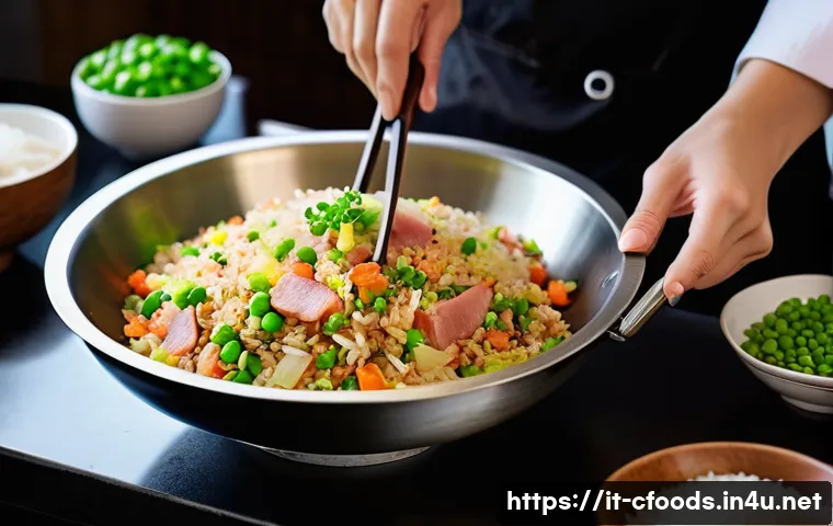 중식조리 자격증 실기 레시피 - A professional Chinese kitchen scene showcasing a chef expertly stir-frying Cantonese fried rice in ...