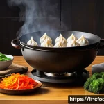 중식조리 자격증에 적합한 조리 도구 구매 - A traditional Chinese kitchen scene featuring a large seasoned cast iron wok on a modern gas stove w...