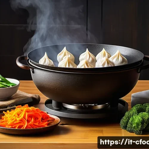 중식조리 자격증에 적합한 조리 도구 구매 - A traditional Chinese kitchen scene featuring a large seasoned cast iron wok on a modern gas stove w...