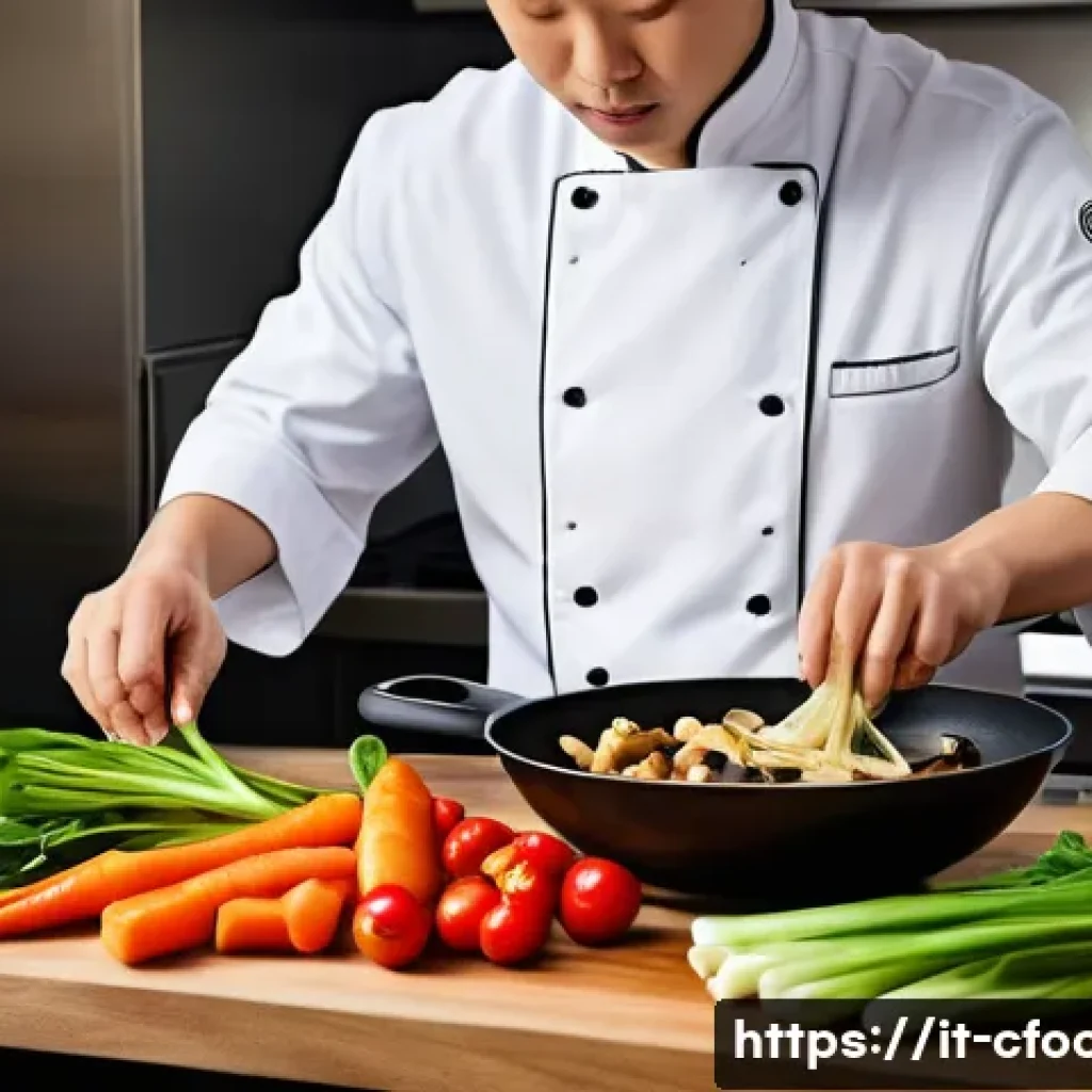 중식조리 자격증 취득 과정 다이어리 - A professional Italian chef in a modern kitchen, skillfully stir-frying fresh vegetables and tofu in...