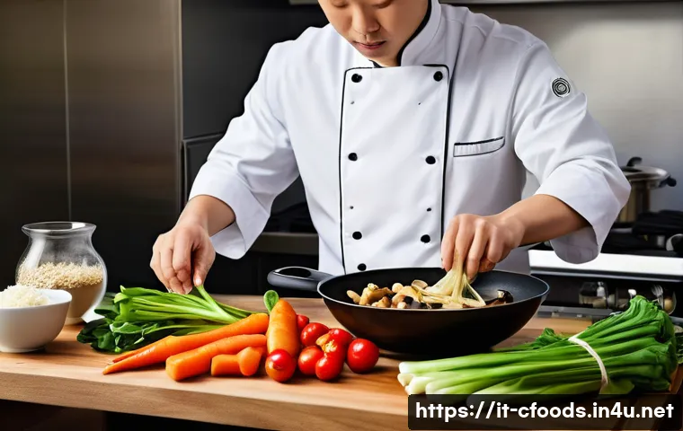 중식조리 자격증 취득 과정 다이어리 - A professional Italian chef in a modern kitchen, skillfully stir-frying fresh vegetables and tofu in...