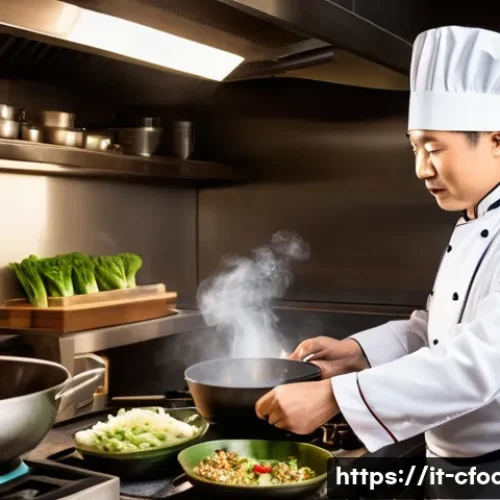 Home 17 중식조리 자격증으로 할 수 있는 일 - A professional Chinese chef in a modern Italian kitchen, wearing a clean chef’s uniform with a white...