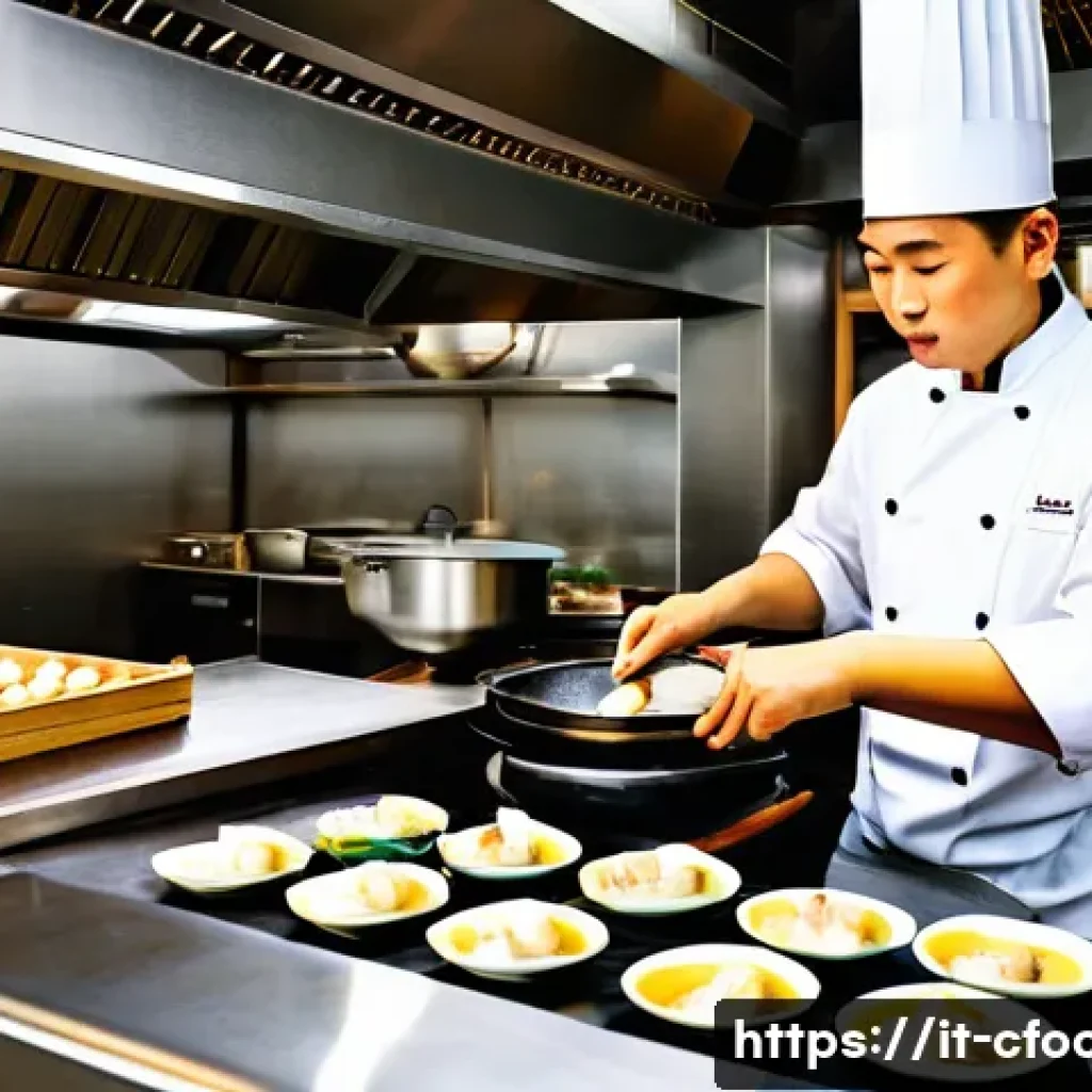 중식조리 자격증 취업 활용 사례 - A professional Asian chef in a modern European restaurant kitchen, wearing clean chef’s whites and a...