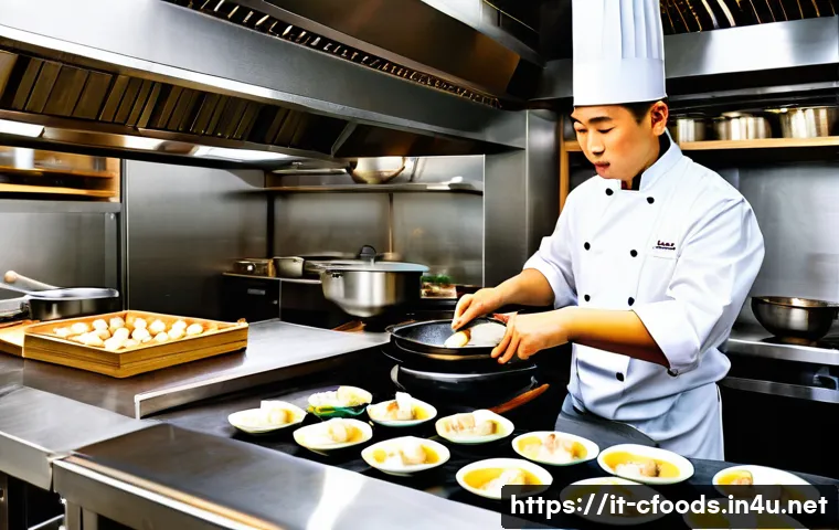 중식조리 자격증 취업 활용 사례 - A professional Asian chef in a modern European restaurant kitchen, wearing clean chef’s whites and a...