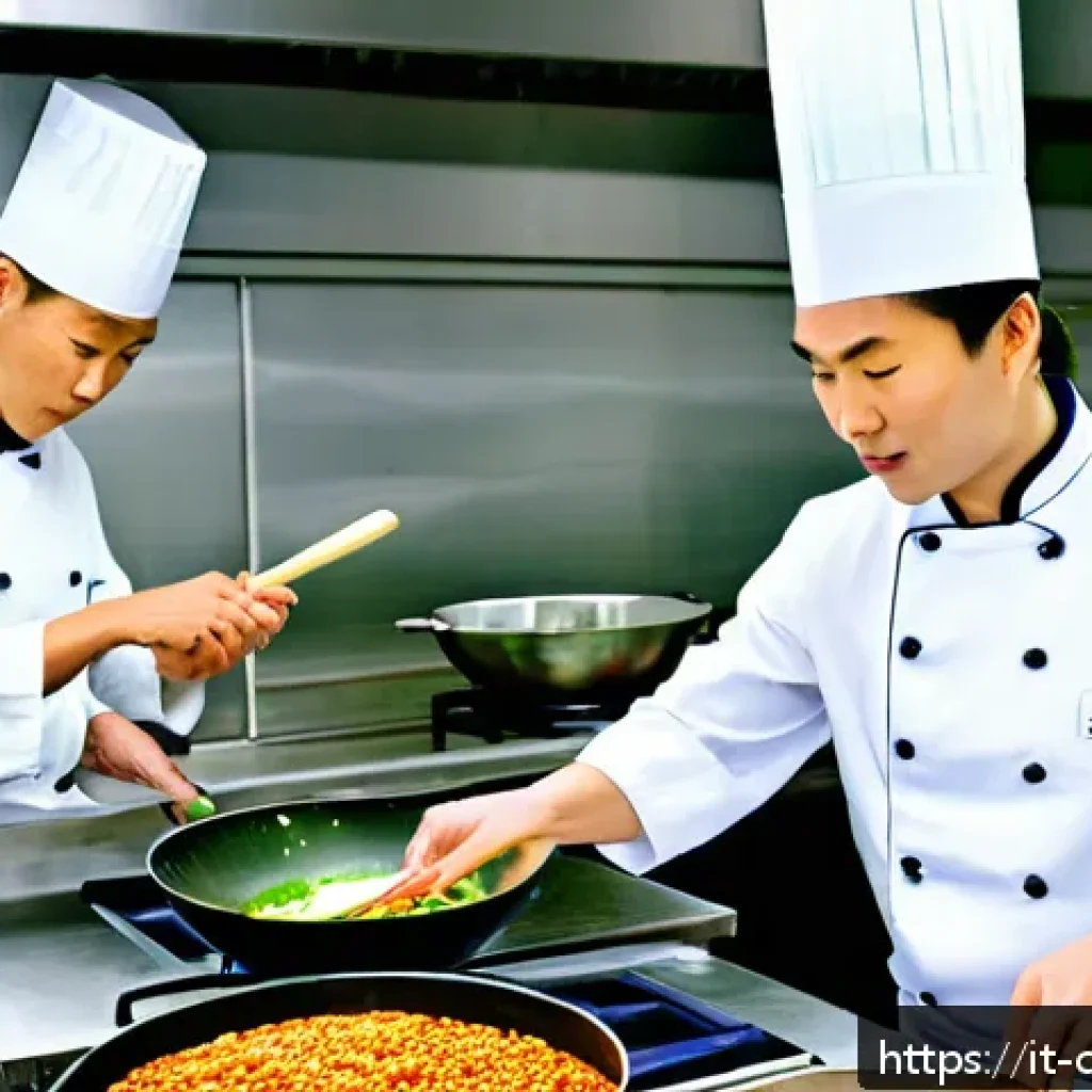 중식조리 자격증과 프랜차이즈 취업 - A professional Italian chef in a modern culinary school kitchen, attentively learning traditional Ch...