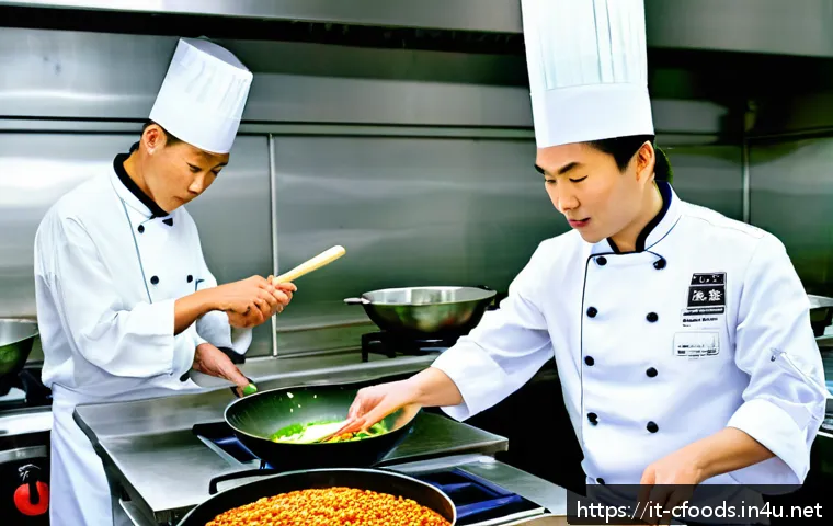 중식조리 자격증과 프랜차이즈 취업 - A professional Italian chef in a modern culinary school kitchen, attentively learning traditional Ch...