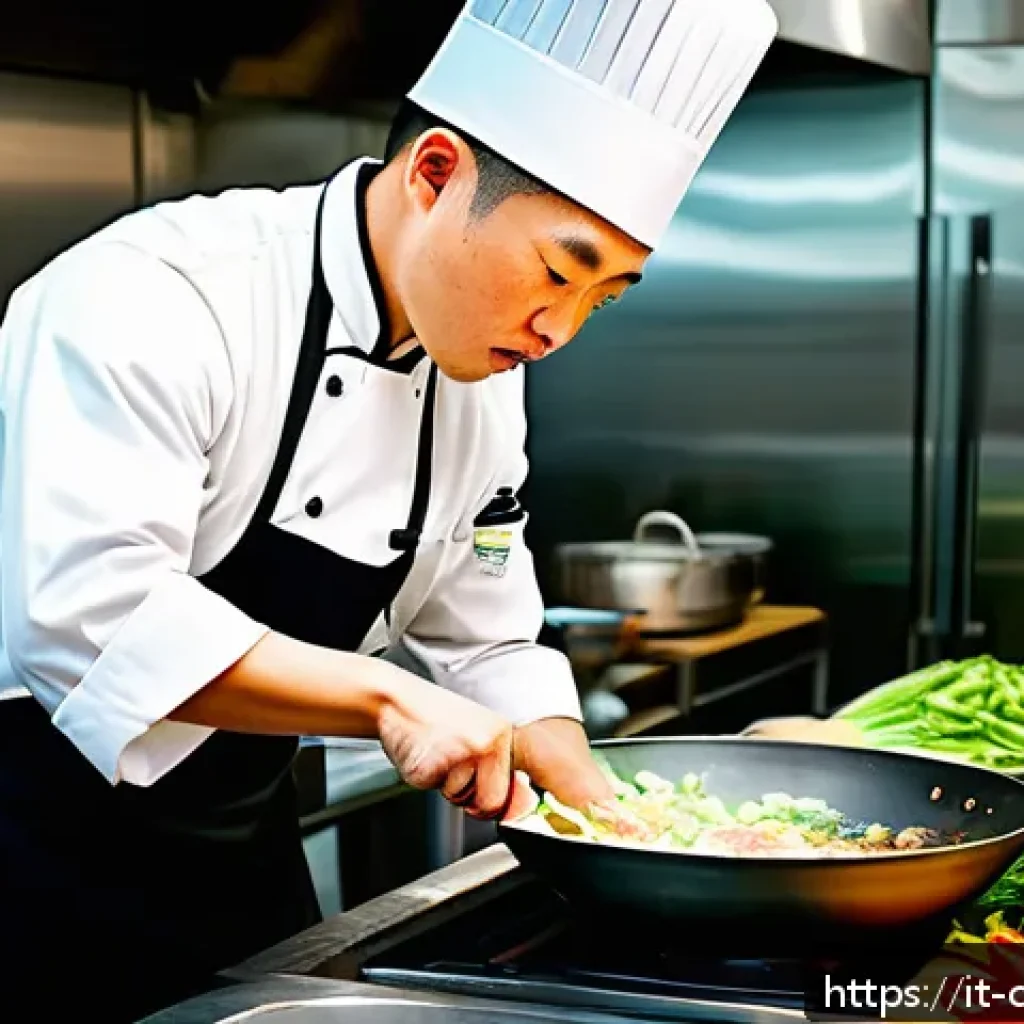 중식조리 자격증 재시험 규정 - A professional Chinese chef in a modern restaurant kitchen skillfully stir-frying vegetables and mea...