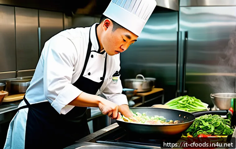 중식조리 자격증 재시험 규정 - A professional Chinese chef in a modern restaurant kitchen skillfully stir-frying vegetables and mea...