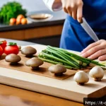 Home 21 중식조리 자격증 실기 준비 팁 - A professional Chinese kitchen scene focused on a chef’s hands expertly slicing fresh vegetables and...