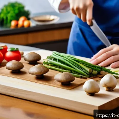 Home 33 중식조리 자격증 실기 준비 팁 - A professional Chinese kitchen scene focused on a chef’s hands expertly slicing fresh vegetables and...