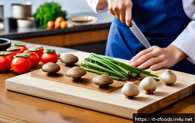 중식조리 자격증 실기 준비 팁 - A professional Chinese kitchen scene focused on a chef’s hands expertly slicing fresh vegetables and...