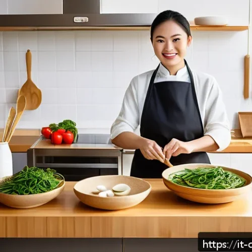 Home 32 중식조리 자격증 준비생의 하루 - A bright, modern kitchen corner dedicated to Chinese cooking practice, featuring a clean wooden coun...