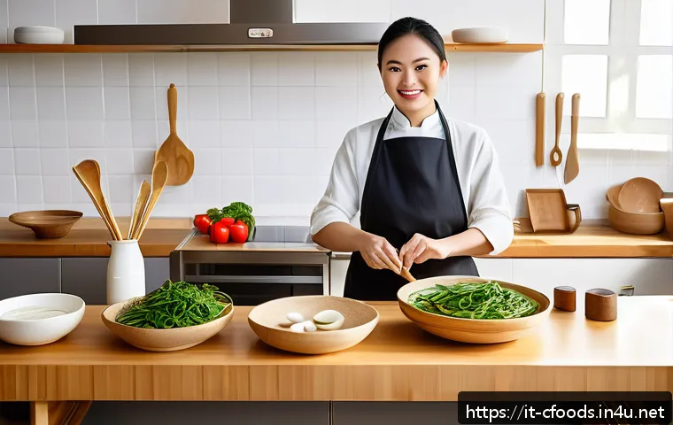 중식조리 자격증 준비생의 하루 - A bright, modern kitchen corner dedicated to Chinese cooking practice, featuring a clean wooden coun...