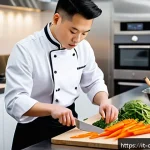 Home 18 중식조리 자격증 실기 유의점 - A professional Chinese cooking exam scene in a modern kitchen, a focused young adult chef wearing a ...