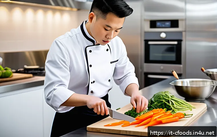 중식조리 자격증 실기 유의점 - A professional Chinese cooking exam scene in a modern kitchen, a focused young adult chef wearing a ...