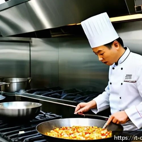 Home 17 중식조리 자격증 실기 난이도 - A professional Chinese chef in a modern Italian kitchen, skillfully cooking with a traditional wok o...