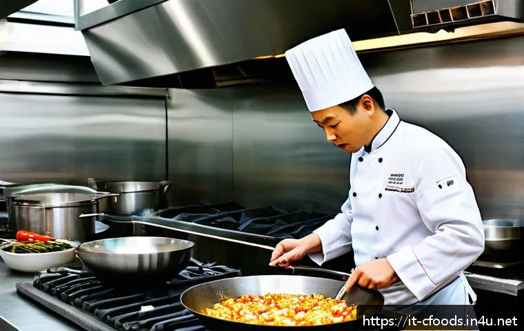 중식조리 자격증 실기 난이도 - A professional Chinese chef in a modern Italian kitchen, skillfully cooking with a traditional wok o...