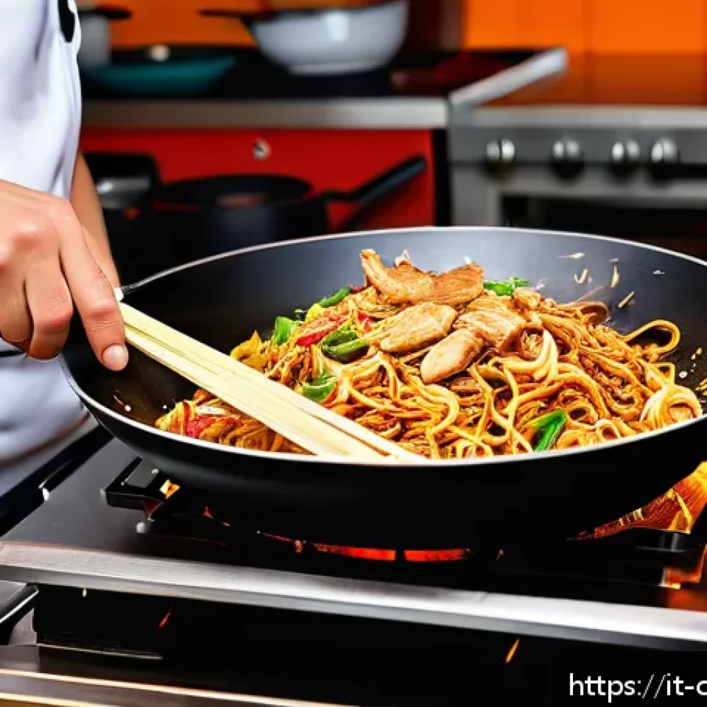 중식조리 자격증 실기 합격률 상승 비결 - A skilled chef expertly cooking Chinese chow mein in a traditional wok over high flame, showcasing v...