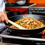 중식조리 자격증 실기 합격률 상승 비결 - A skilled chef expertly cooking Chinese chow mein in a traditional wok over high flame, showcasing v...