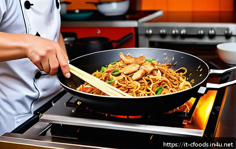 중식조리 자격증 실기 합격률 상승 비결 - A skilled chef expertly cooking Chinese chow mein in a traditional wok over high flame, showcasing v...