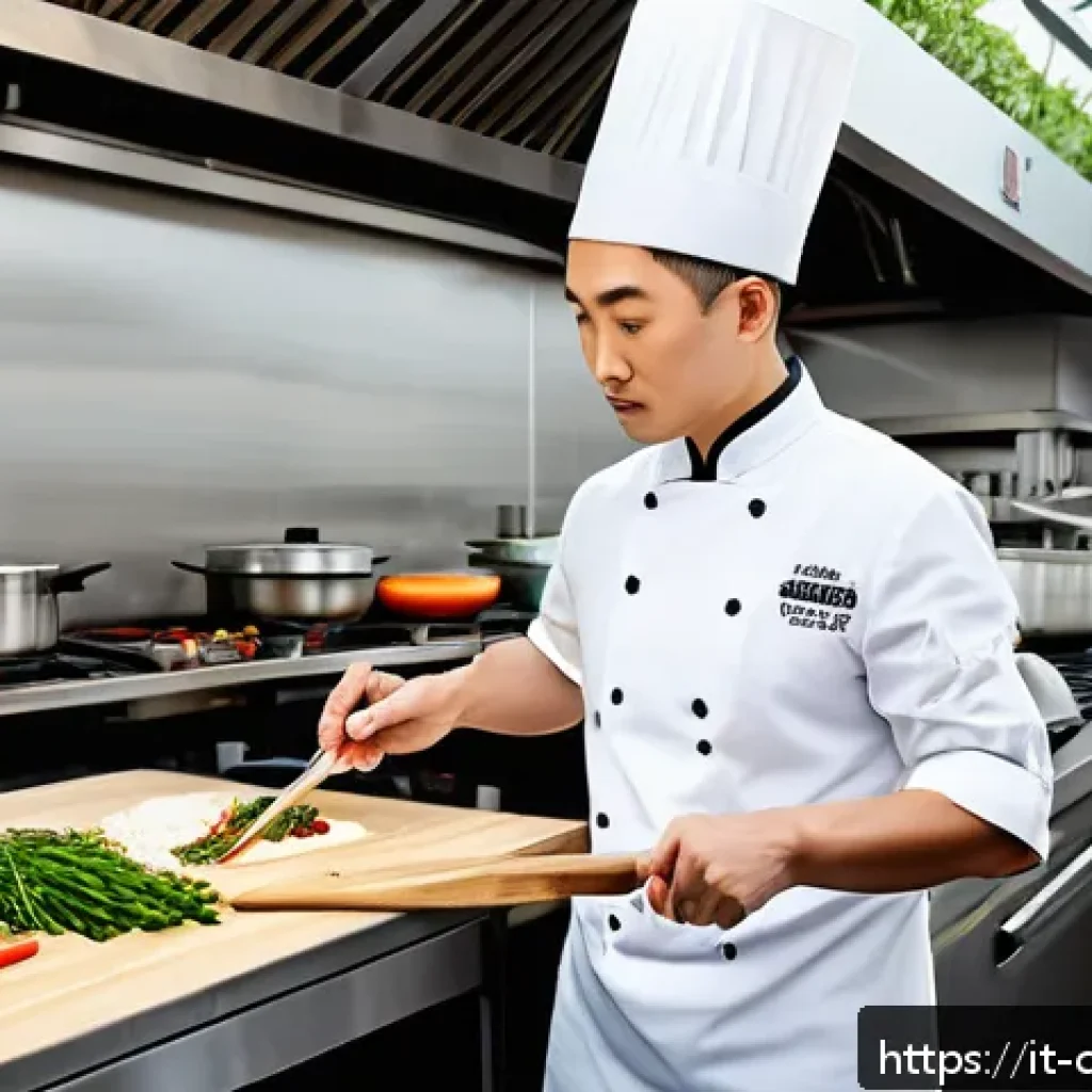 중식조리 자격증에 필요한 기술 - A professional Chinese chef in a modern Italian kitchen, skillfully using a traditional wok over hig...