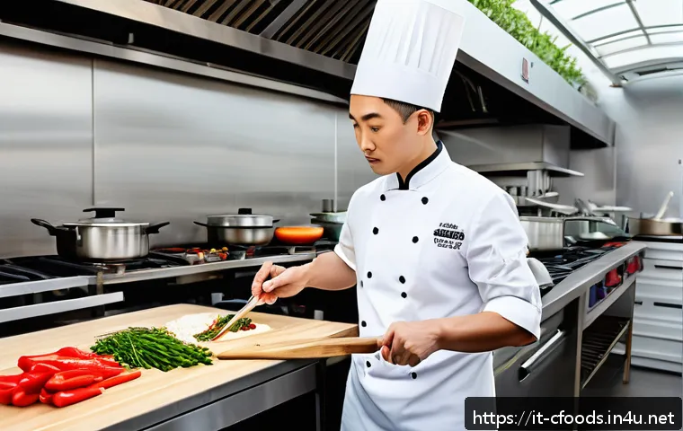 중식조리 자격증에 필요한 기술 - A professional Chinese chef in a modern Italian kitchen, skillfully using a traditional wok over hig...
