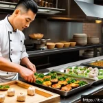 중식조리 자격증 취득 후 이직 - A modern Italian-Chinese fusion restaurant kitchen scene, featuring a professional chef in clean, st...