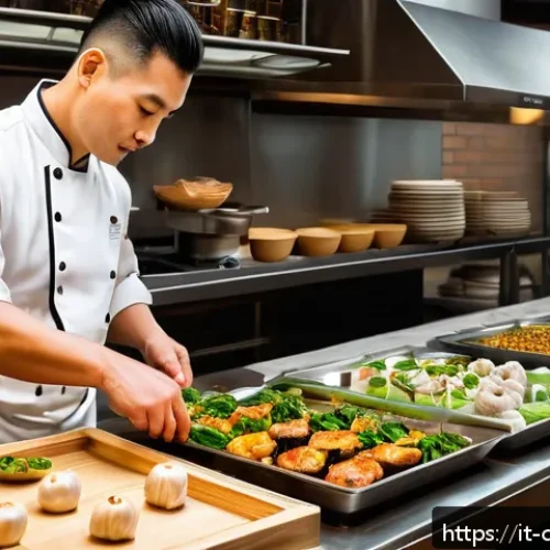 중식조리 자격증 취득 후 이직 - A modern Italian-Chinese fusion restaurant kitchen scene, featuring a professional chef in clean, st...