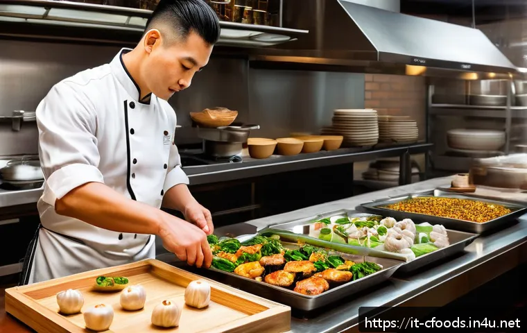 중식조리 자격증 취득 후 이직 - A modern Italian-Chinese fusion restaurant kitchen scene, featuring a professional chef in clean, st...