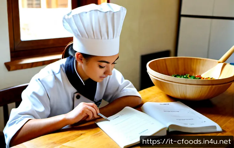 Home 16 중식조리 자격증 기출문제 분석 - Photorealistic Italian culinary student reviewing Chinese cuisine certification practice materials a...