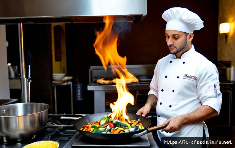 Home 16 중식조리 자격증으로 레스토랑 취업 - Photorealistic professional kitchen in an Italian city restaurant, a confident young adult chef wear...